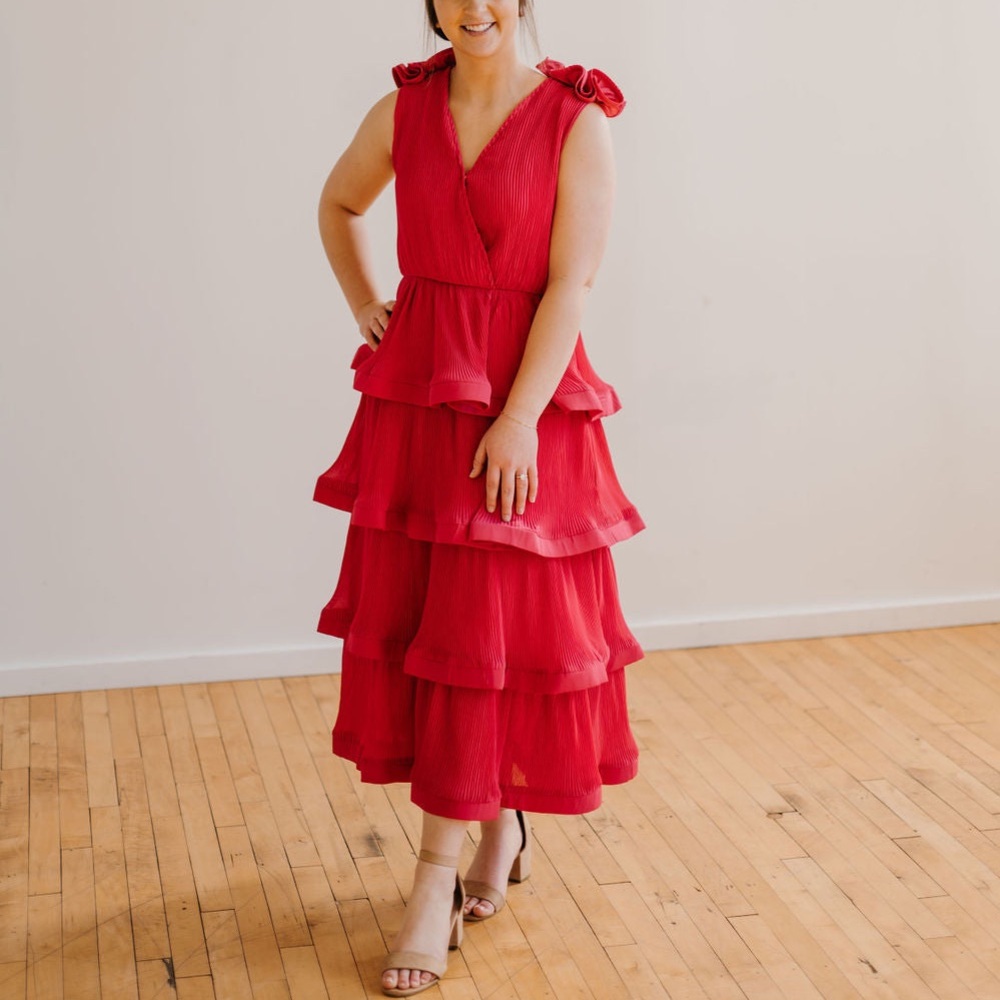 Tiered Fuchsia Maxi Dress with Bow Shoulder Details